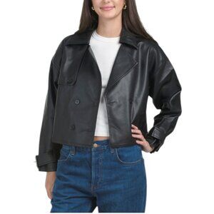 LE LIS Faux Leather Cropped Trench Jacket
